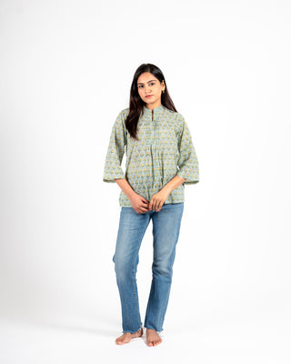 Hand block Printed Cotton Top mint