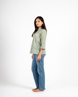 Hand block Printed Cotton Top mint