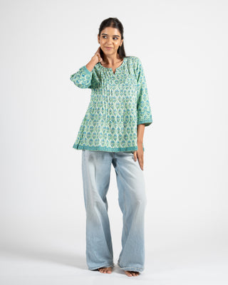 Hand Block Green Printed Top