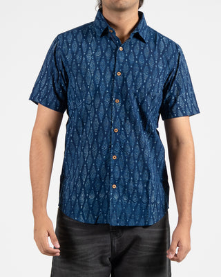 Indigo Dyed Hand Block Print Half Sleeve Shirt