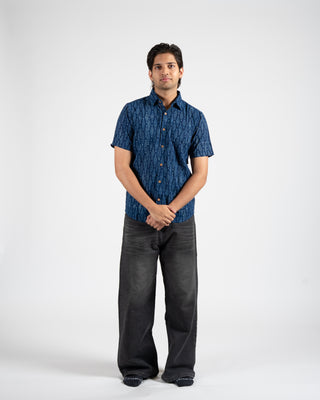 Indigo Dyed Hand Block Print Half Sleeve Shirt