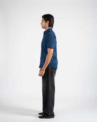 Indigo Dyed Hand Block Print Half Sleeve Shirt