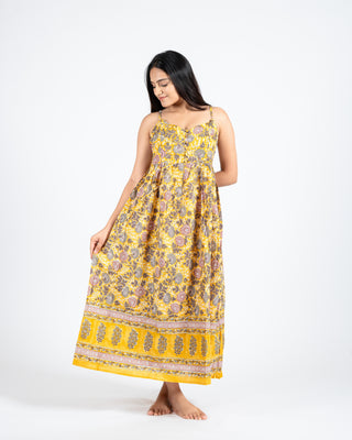 Mustard Hand block printed Spaghetti DRESS