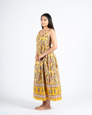 Mustard Hand block printed Spaghetti DRESS