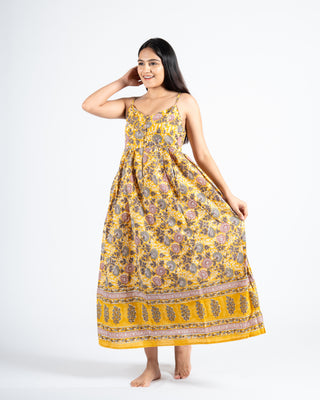 Mustard Hand block printed Spaghetti DRESS
