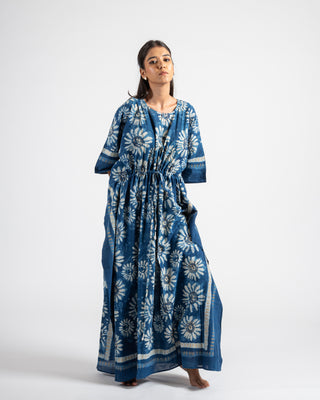 Long Hand Block Indigo Printed Long Kaftan