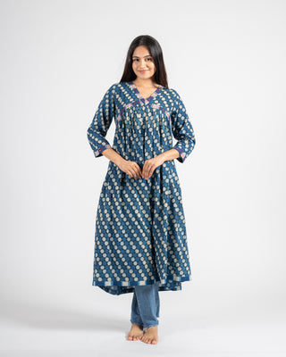 Polka hand block printed natural indigo dye dress
