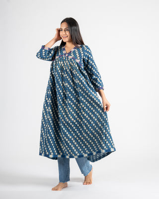 Polka hand block printed natural indigo dye dress