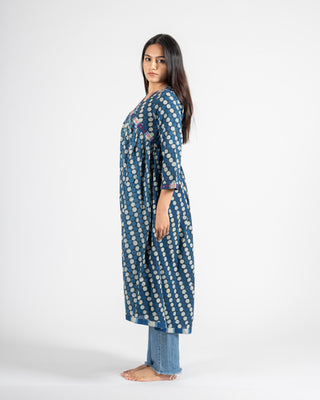 Polka hand block printed natural indigo dye dress