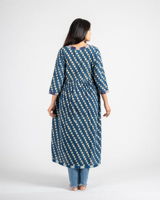 Polka hand block printed natural indigo dye dress