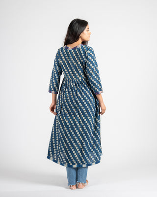 Polka hand block printed natural indigo dye dress