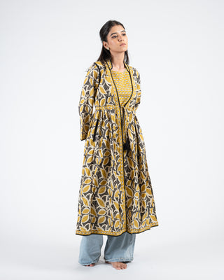 Hand block printed lemon yellow double layer dress