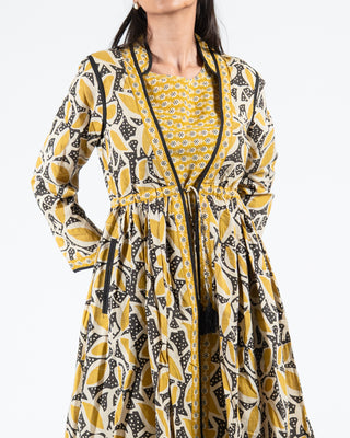 Hand block printed lemon yellow double layer dress