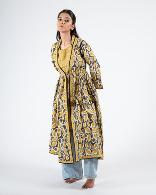 Hand block printed lemon yellow double layer dress