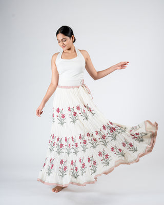 Hand block printed Skirt white red floral