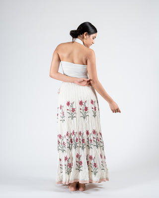 Hand block printed Skirt white red floral
