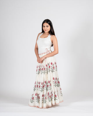 Hand block printed Skirt white red floral