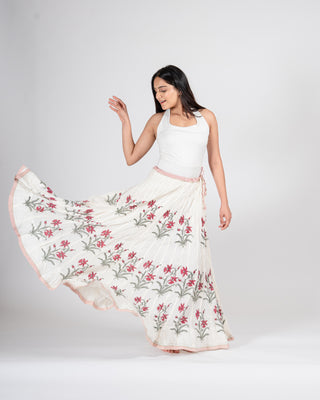 Hand block printed Skirt white red floral
