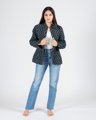 Indigo Quilted Short Jacket Full Sleeve