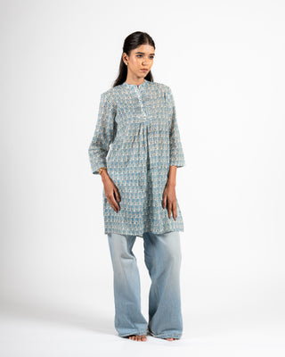 Phulwari Hand Block Kurti Blue Buti