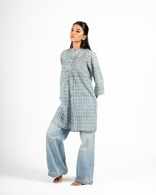 Phulwari Hand Block Kurti Blue Buti