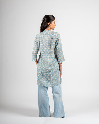 Phulwari Hand Block Kurti Blue Buti