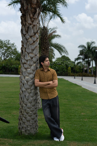 Pomegranate Peel Dyed Hand Block Print Half Sleeve Shirt