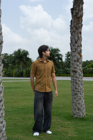 Pomegranate Peel Dyed Hand Block Print Half Sleeve Shirt