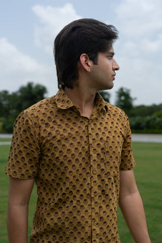 Pomegranate Peel Dyed Hand Block Print Half Sleeve Shirt