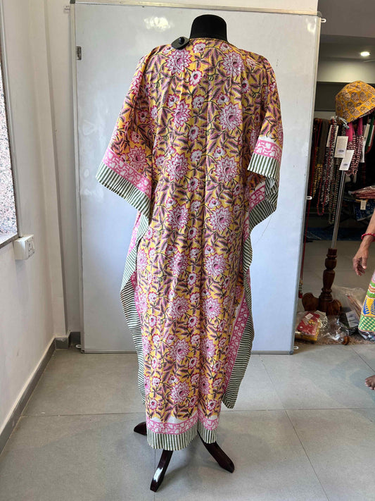 Handblockprinted long kaftaan- Yellow