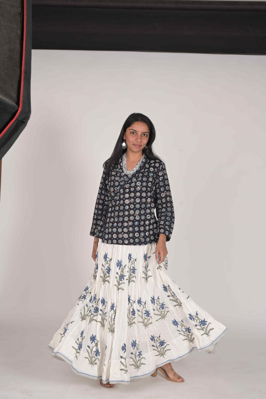 HANDBLOCK PRINTED SKIRT BLUE FLORAL WHITE