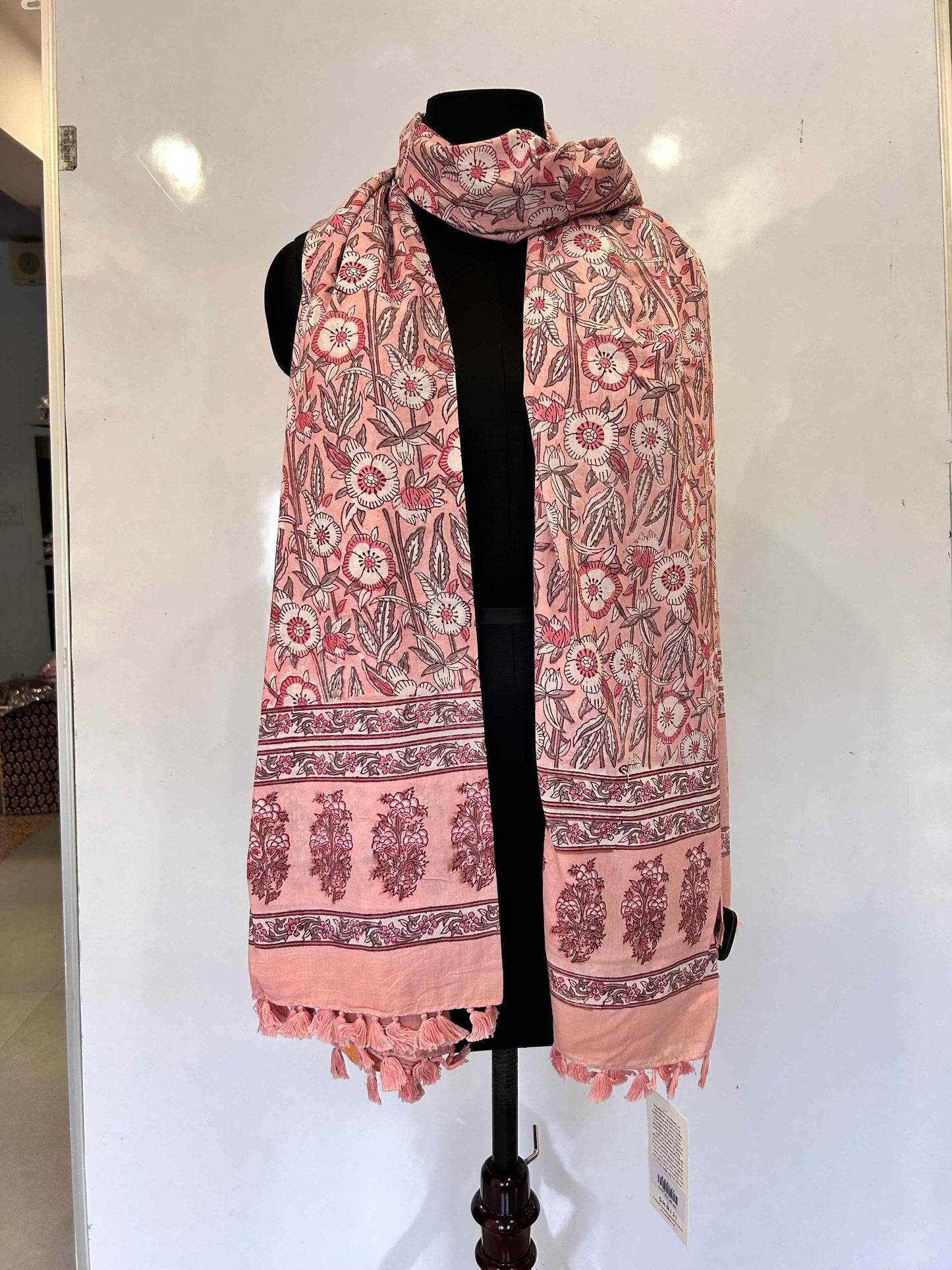 DUPATTA COTTON HANDBLOCK PRINTED PINK FLORAL