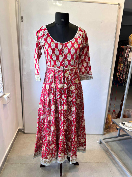 Hand Block Red Printed Dress